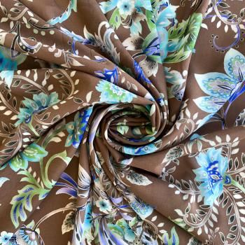 Креп-шифон натуральный К32-229 шоколадно-бирюзовый принтованный