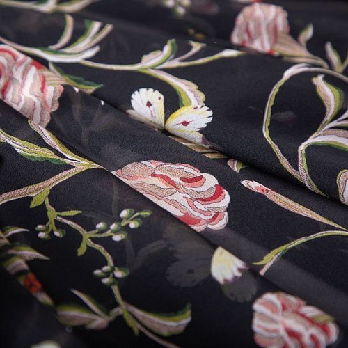 Креп-шифон шелковый 027-19853 черный принтованный