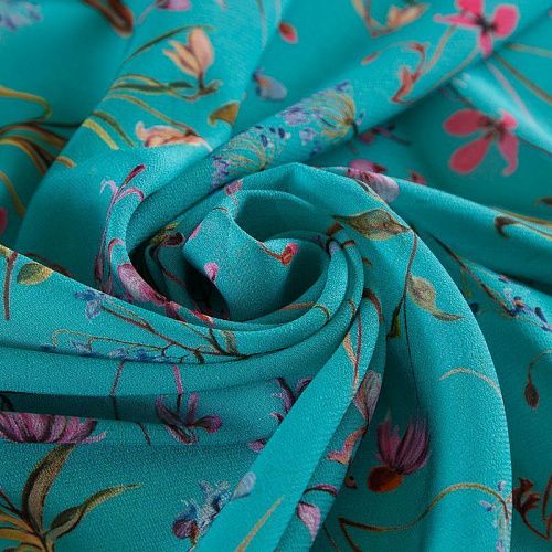 Креп-шифон шелковый 027-19150 бирюзовый принтованный