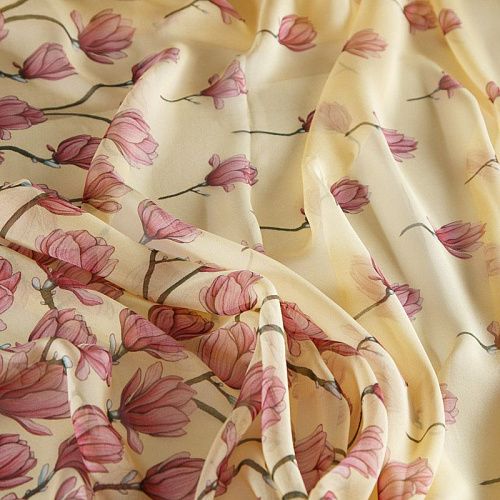 Шифон шелковый 068-17093 разбеленный желтый принтованный