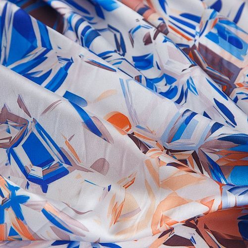 Шелк синтетический стрейч 065-17675 молочный принтованный